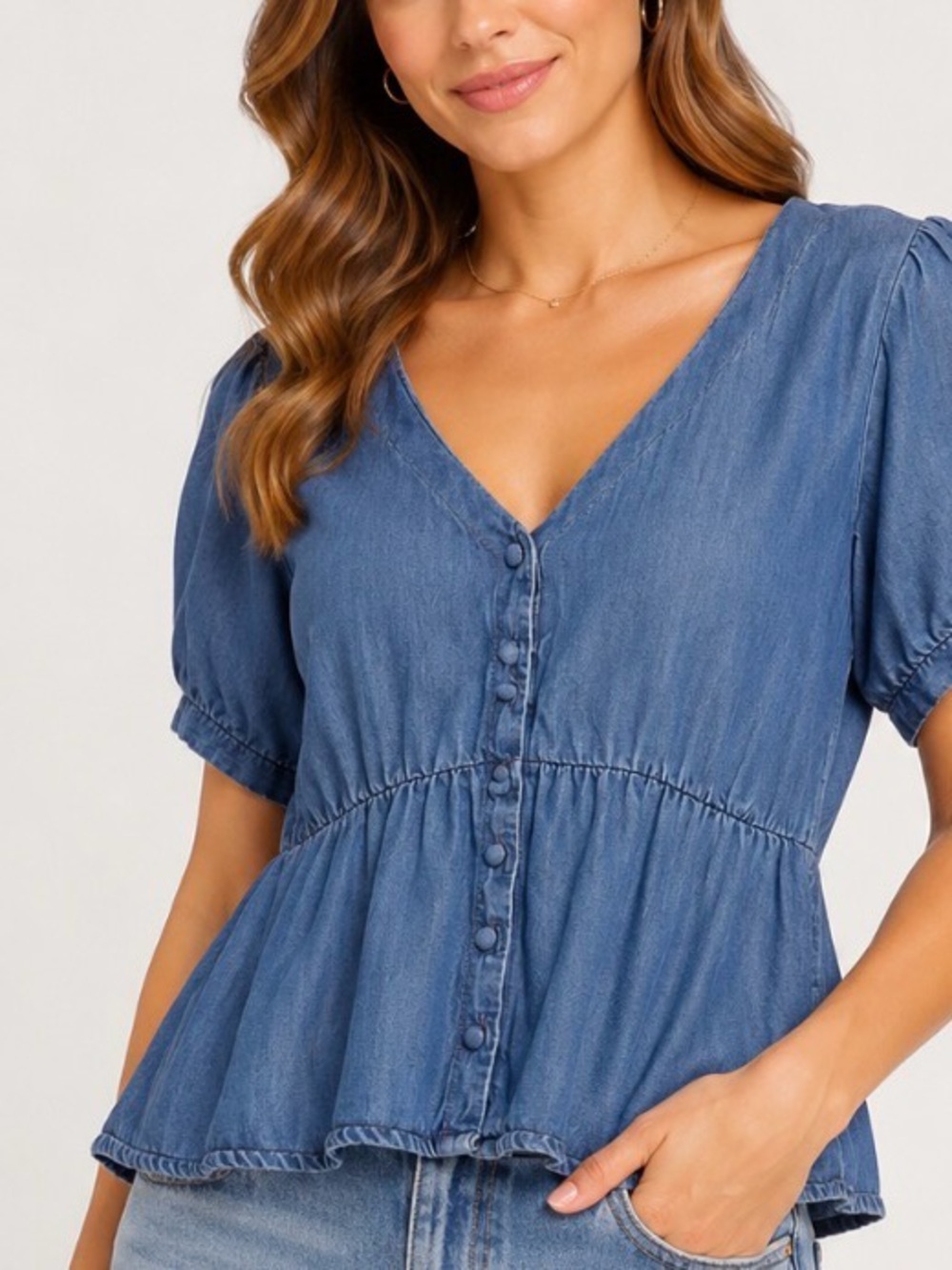 Levi's chambray Blue Short-Sleeve Button-Front Women’s Top/blouse back tie SZ XL